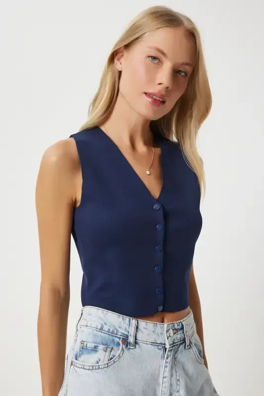 Женский темно-синий трикотажный жилет с V-образным вырезом PF00087-темно-синий - 1