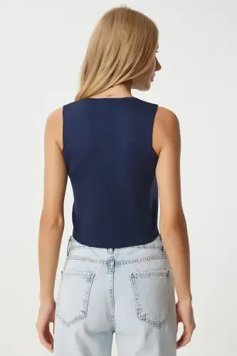 Женский темно-синий трикотажный жилет с V-образным вырезом PF00087-темно-синий - 5