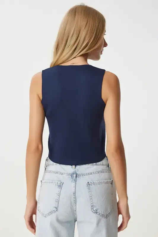 Женский темно-синий трикотажный жилет с V-образным вырезом PF00087-темно-синий - 5