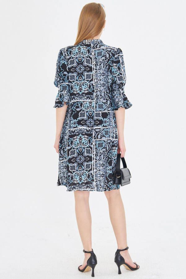 Женский темно-синий V-образный вырез с плиссированной деталью, карманами, три четверти рукава. - 4