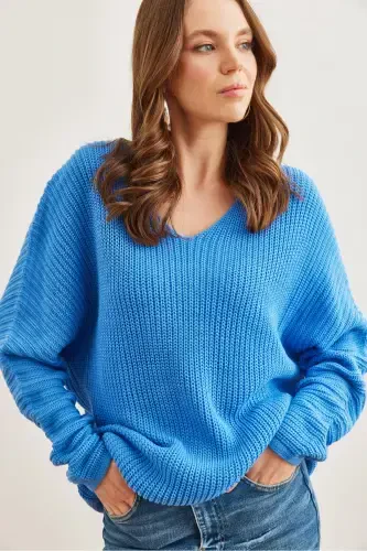 Женский Темно-синий V-образный вырез Селаник Вязаный Трикотажный Туник оверсайз TNK-19000081-Темно-синий - 1