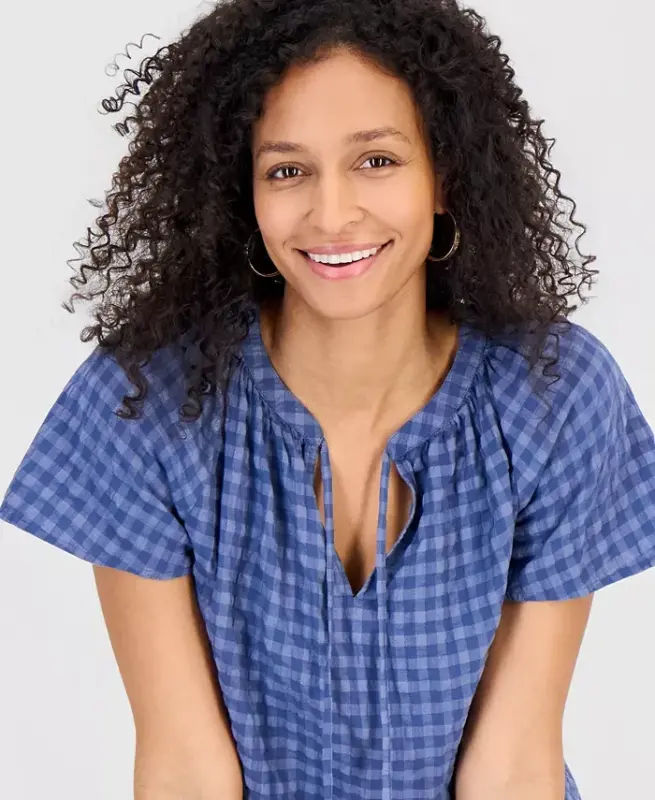 Женский топ из жатой ткани с разрезом на горловине и рукавами-крылышками, создан для Modazone - New Uniform Blue - 3