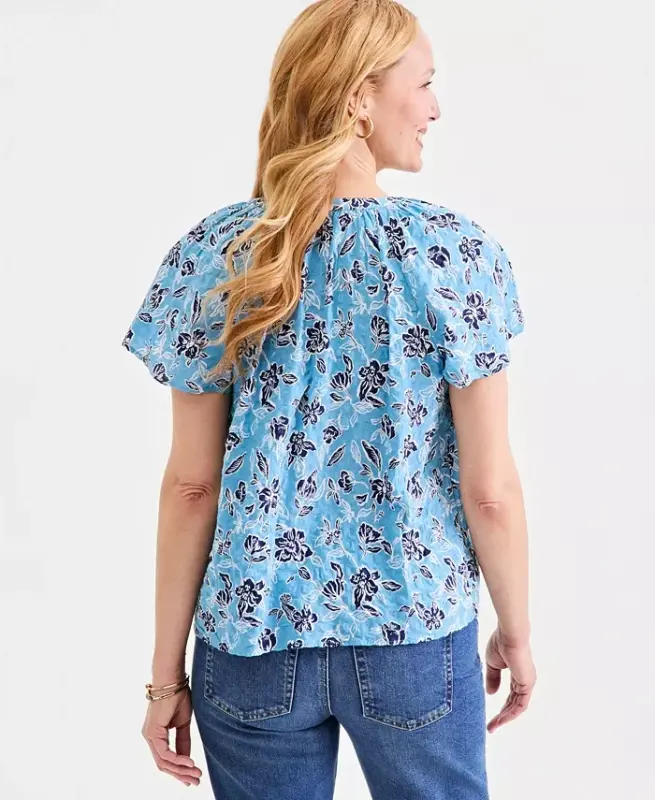 Women's Seersucker Split-Neck Flutter Sleeve Top, Created for Modazone - Bloom Cool River - 2