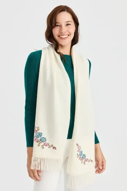 Женский Трикотаж Край Цветочный Шерстяной Кашемировый Шарф Кость-Кость - 5