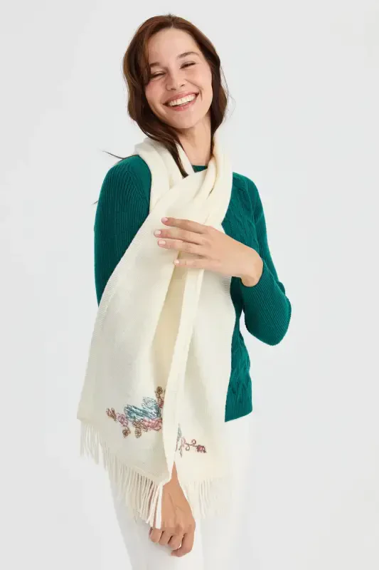 Женский Трикотаж Край Цветочный Шерстяной Кашемировый Шарф Кость-Кость - 7