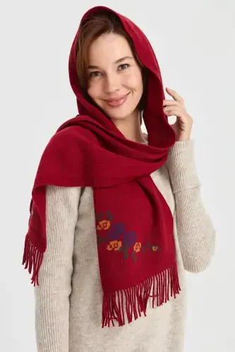 Женский Трикотаж Край Цветочный Шерстяной Кашемировый Шарф V.Красный-V.Красный - 4