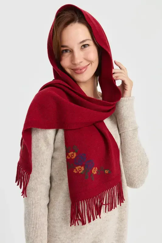 Женский Трикотаж Край Цветочный Шерстяной Кашемировый Шарф V.Красный-V.Красный - 4