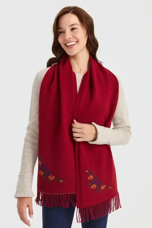 Женский Трикотаж Край Цветочный Шерстяной Кашемировый Шарф V.Красный-V.Красный - 6