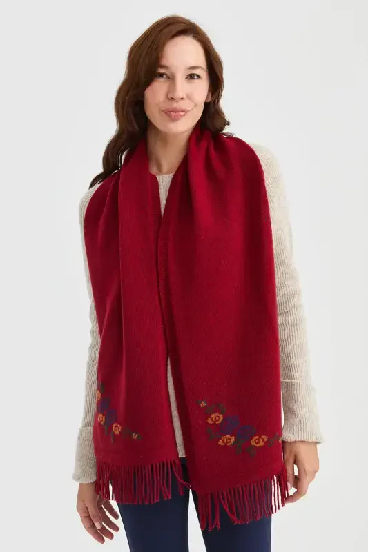 Женский Трикотаж Край Цветочный Шерстяной Кашемировый Шарф V.Красный-V.Красный - 7