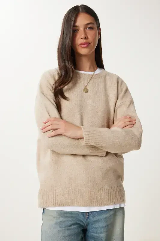Женский Трикотажный Свитер Oversize Canlı Krem PN00054-Canlı Krem - 2