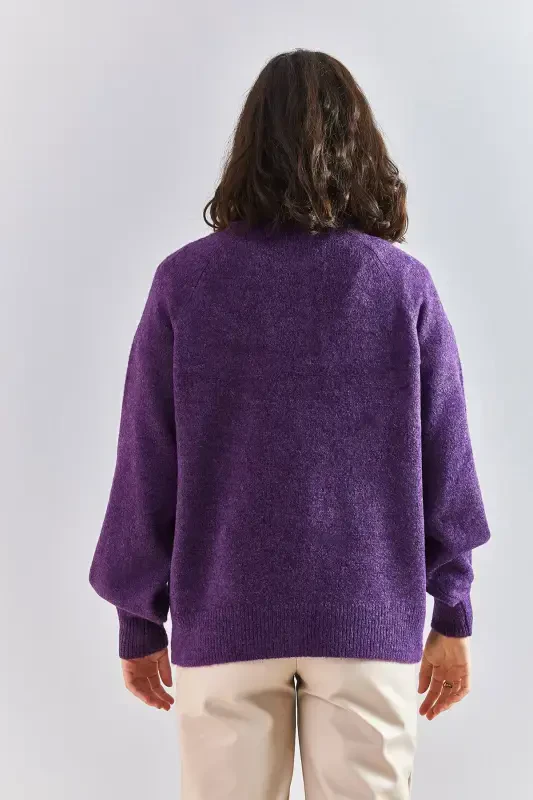 Женский Трикотажный Свитер в рубчик с рыбацким воротником на пуговицах и полосками - Фиолетовый - 4