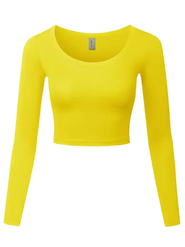 Женский укороченный топ FashionOutfit, США, базовый, повседневный, однотонный, эластичный, с круглым вырезом и длинными рукавами. - 1