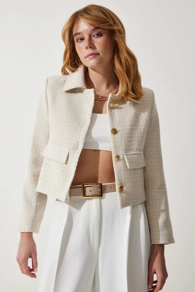 Женский укороченный твидовый блейзер-жакет TO00039 - HAPPINESS İSTANBUL