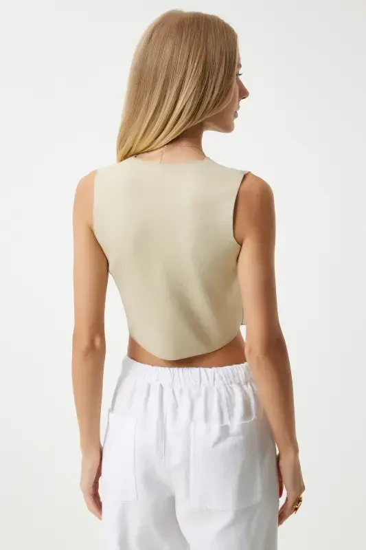 Женский ванильный трикотажный летний кардиган на пуговицах с V-образным вырезом YY00139-ванильный - 6