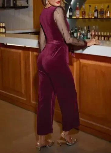 Женский велюровый комбинезон с длинными рукавами, запахом, поясом и деталями из тюля - BÜYÜKBEDENIZ (1)