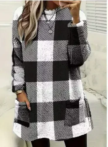 Женский вязаный туника в клетку с длинными рукавами, воротником-поло и карманом - 3