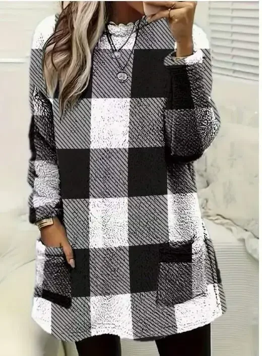 Женский вязаный туника в клетку с длинными рукавами, воротником-поло и карманом - 3