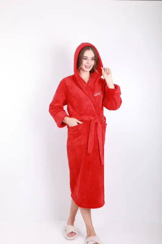 Женский халат с капюшоном, бамбуковый, длинный, с вышивкой - огненно-красный - WILD LOVE