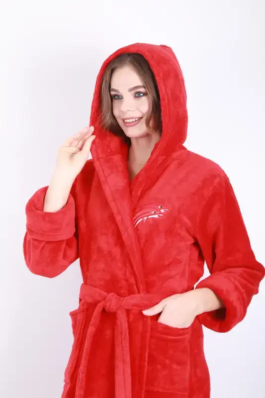 Женский халат с капюшоном, бамбуковый, длинный, с вышивкой - огненно-красный - 2