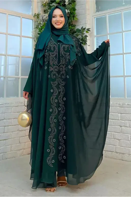 Женский зеленый (ИЗУМРУДНЫЙ) комплект из двух предметов ферганского тюля с вышивкой T 6773-GREEN (ИЗУМРУДНЫЙ) - 1