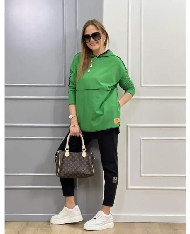 Женский Зеленый Худи Юбка Подол Деталь Значок Двойка - 3