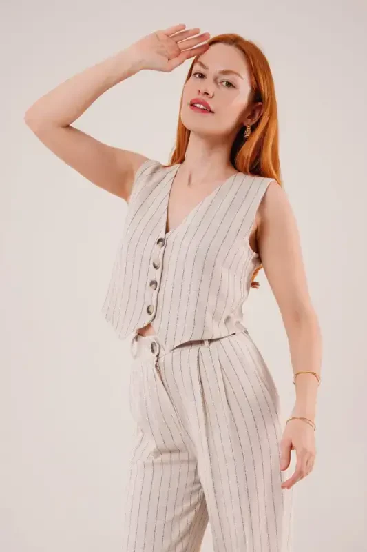 Женский жилет брюки костюм-двойка-Бежевый - LOKADI