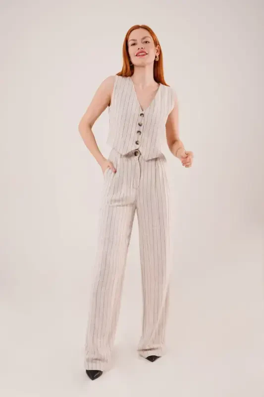 Женский жилет брюки костюм-двойка-Бежевый - 3