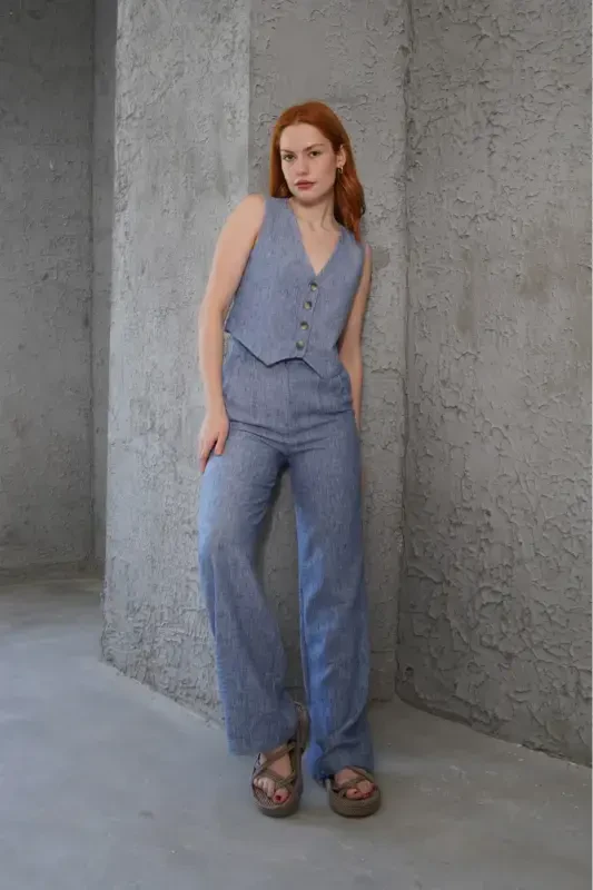 Женский жилет брюки костюм двойка-Синий - 2