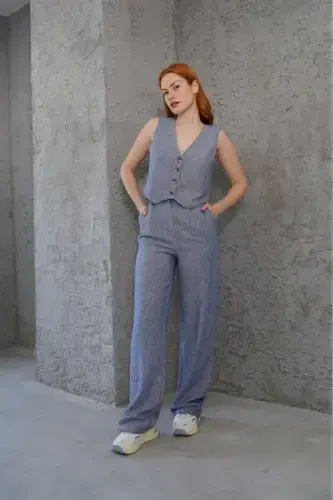 Женский жилет брюки костюм двойка-Синий - 7