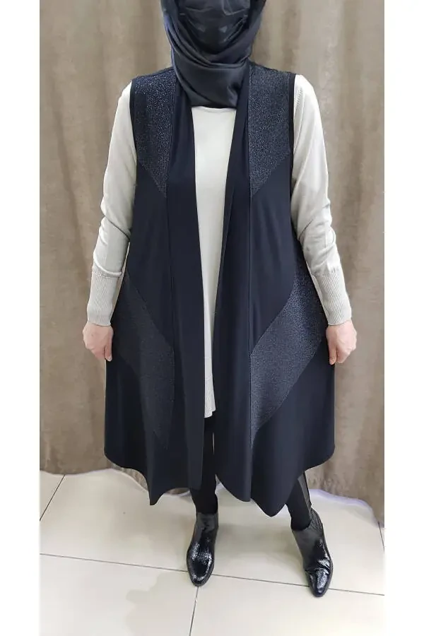 Женский жилет из ткани санди с блестками, длинный, черный - 1