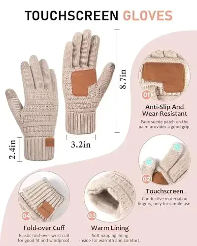 Женский зимний комплект: шапка-бини, шарф, варежки, повязка. Шапка-бини с отворотом, вязаный шарф, варежки с сенсорными функциями. Тёплый комплект из 4 предметов в подарок. - 3