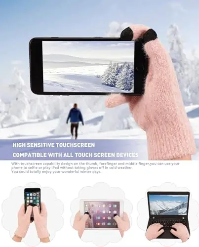 Женский зимний теплый вязаный набор: шапка-бини, перчатки с сенсорным экраном, длинный шарф с флисовой подкладкой. Подарки для женщин. - 3