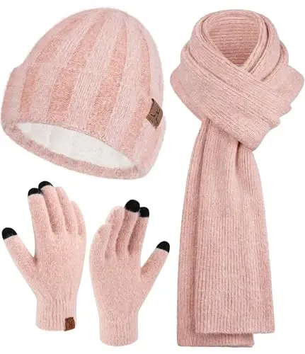Женский зимний теплый вязаный набор: шапка-бини, перчатки с сенсорным экраном, длинный шарф с флисовой подкладкой. Подарки для женщин. - 6