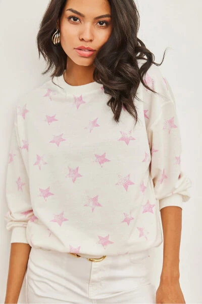 Женский звездный розовый базовый свитшот с мягкой текстурой SWT-19000457 - 4