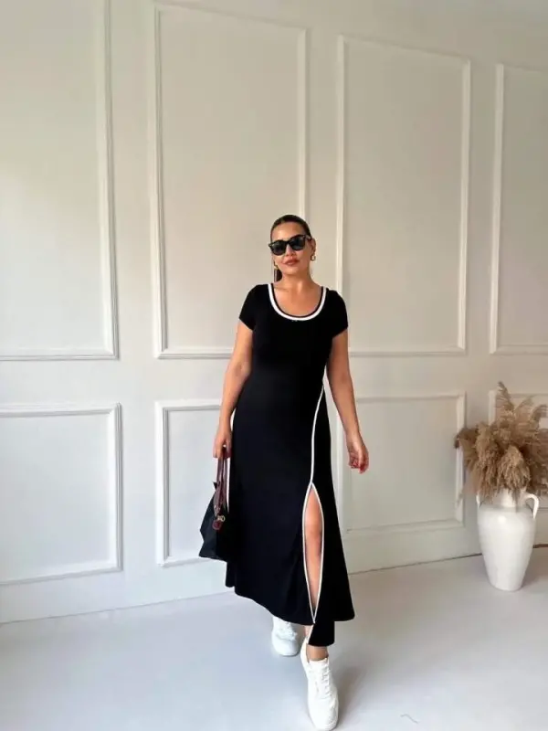 Женское белое вискозное платье в пол с круглым вырезом в рубчик и деталями с разрезами - 9