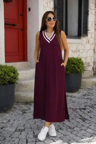 Женское без рукавов с V-образным воротником в рубчик с карманами длинное вискозное двунитка платье - 1