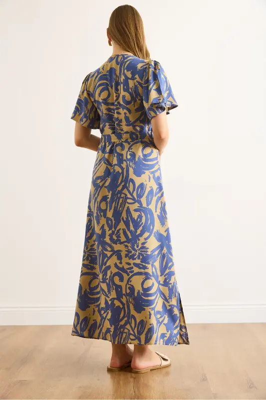 Женское Бежевое Индиго Платье-рубашка макси из вискозы с поясом на пуговицах ELB-19002382-Бежевый Индиго - 7