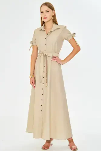 Женское бежевое платье-рубашка с завязками на рукавах и поясом ARM-23Y001004-Bej - ARMONIKA (1)