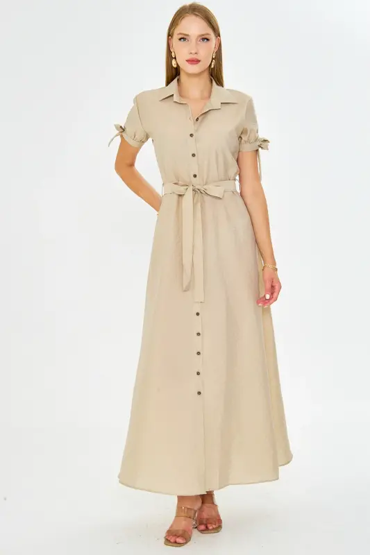 Женское бежевое платье-рубашка с завязками на рукавах и поясом ARM-23Y001004-Bej - 5