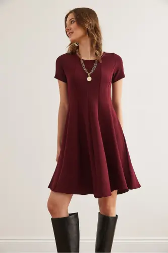 Женское бордовое трендовое мини-платье клеш в стиле пэчворк ELB-190 - OLALOOK (1)