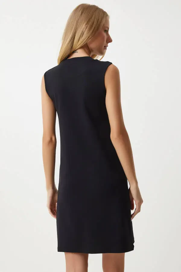Женское чёрное летнее платье без рукавов из пенье OW00046 - 4