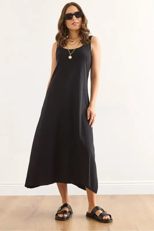 Женское черное миди хлопковое платье на бретельках клеш ELB-19002 - 4