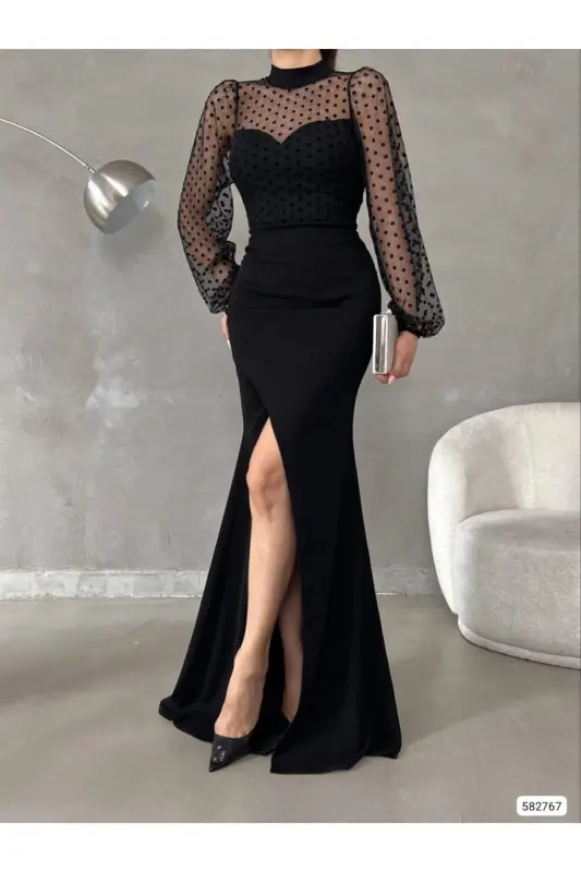 Женское черное платье макси с высоким воротом, тюлевой деталью и разрезом, больших размеров - Черное - 1