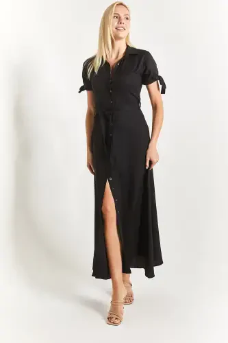 Женское Черное Платье-Рубашка с Рукавами и Поясом Arm-23y001004-Черный - ARMONIKA (1)