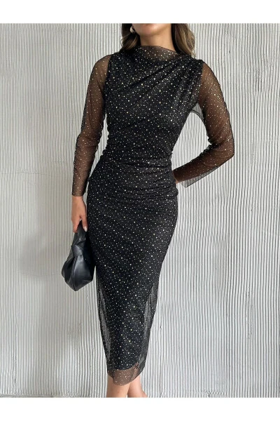Женское Черное Платье с Воротником Стойкой, Серебристым Горошком и Прозрачными Деталями - 6