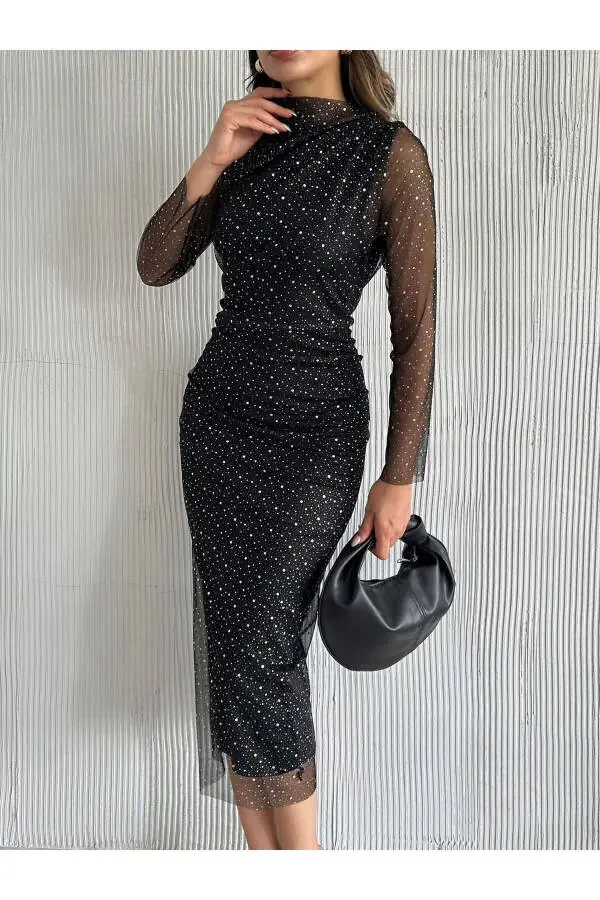 Женское Черное Платье с Воротником Стойкой, Серебристым Горошком и Прозрачными Деталями - 7