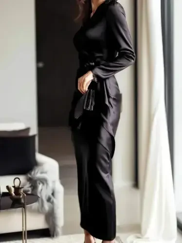 Женское длинное атласное платье с запахом, длинными рукавами и поясом. - BÜYÜKBEDENIZ (1)