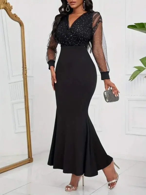 Женское длинное платье из импортной крепи с длинными рукавами, запахом, камнями и тюлевыми деталями. - 2