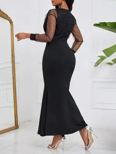 Женское длинное платье из импортной крепи с длинными рукавами, запахом, камнями и тюлевыми деталями. - 3