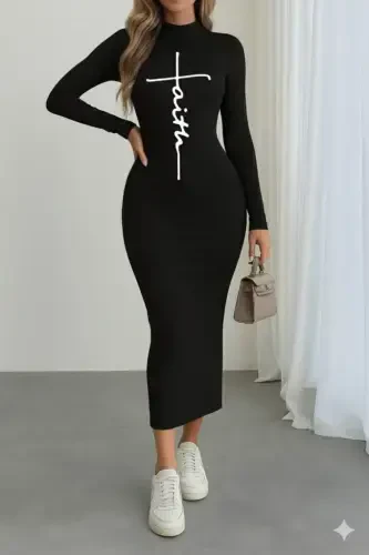 Женское длинное платье-водолазка из вискозы с принтом во всю длину - 1